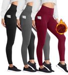 HIGHDAYS 3 Pack Women's Fleece Lined Leggings with Pockets - High Waist Winter Thermal Warm Workout Running Yoga Pants, Black/Gray/Burgundy, Extra Plus Size