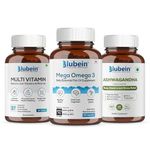 Blubein Total Wellness Trio | Multivitamin with 37 Vital Ingredients 60N | Mega Omega 3 Fish oil Capsules 60N | Ashwagandha with 5% withanolides 60N