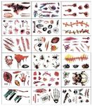 Halloween Scar Tattoos, 18 Sheets Horror Realistic Fake Blood Wound Temporary Tattoos Zombie Makeup Kit, for Halloween Cos play Party (Zombie tattoos)