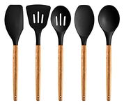 P-Plus International Premium 5 Piece Silicone Utensils Set with Authentic Acacia Hardwood Handles, All Purpose Silicone Spatulas Kitchen Set, Wood Cooking Utensils Set (Black, Set of 5)