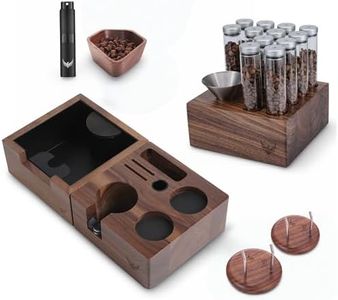 KNODOS Walnut Espresso Accessories Set 58mm– Knock Box, 58mm Tamper Station, Single Dose Coffee Storage Tubes, Dosing Cup & RDT Spray 2pcs Wall-Mounted Portafilter Holder – Premium Barista Tools