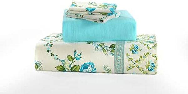 NZ Olivia Floral Pattern Flannelette 100% Natural Brushed Cotton Thermal Fitted and Flat Sheet Set With Pillowcases (Teal, Double Size Sheet Set)