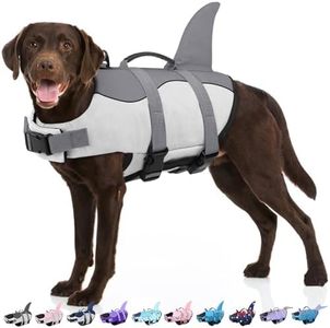 Dog Life Jacket, Large Dog Life Vest for Swimming Boating, Shark Life Jackets for Small Medium Large Dogs, Reflective Dog Lifesaver Life Preserver Swimsuit with Rescue Handle and High Buoyancy