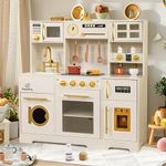 Play Kitchen for Kids, Toy Kitchen Set with Plenty of Play Features, New Modern Kids Wooden Play Kitchen with Oven,Coffee Maker,Ice Maker Gift for Ages 3+