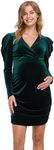 LaClef Womens V Neck Puff Sleeve Velvet Maternity Dress, Hunter Green, Small