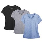 icyzone Women's Workout Running T-Shirt Yoga Fitness V-Neck Short-Sleeve Tops Sports Shirt, 3 Pack (XXL, Black/Granite/Blue)