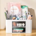 IMPRONOW Plastic Pen Stand/Desk Organizer With Drawer& Compartments For Storing Pen,Pencil,Office Accessories,Stationery Items Study Table Holder. (Pattern 1 White)