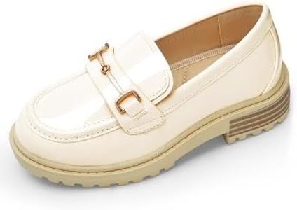Coutgo Girl's Platform Loafers Slip On Chain Chunky Heel Leather Flats Round Toe School Uniform Dress Shoes Beige