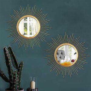 2 Set 15.7''Sunburst Gold Mirrors for Wall Metal Mirrors Home Décor Decorative Mirrors Hanging Star Wall Art (2 Set Square Wires, 2)