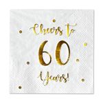 Cheers to 60 Years Cocktail Napkins | Happy 60th Birthday Decorations for Men and Women and Wedding Anniversary Party Decorations | 50-Pack 3-Ply Napkins | 5 x 5 inch folded (White)