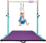 JOYSFIT Adjustable Gymnastics Bar for Kids with Mat - Sturdy Kip Bar with Rings, Horizontal Bar for Home Training, 3'-5' Height, Ages 3-15, 250 LBS Capacity, Easy Assembly. (Bar with Mat, Teal)