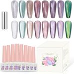 ADHERE 12ml 8pcs Magnetic Cat Eye Gel Nail Polish Kit with Magnetic Stick - Blue Purple Green Mint Silver White Glitter Shining Nail Gel Polish Magnetic Gel Nail Varnish Gel para uñas