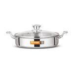 Orange Stainless Steel Triply Cook & Serve Fry Pan/Saute Pan/Kadai/Flat Pan 2.5 litres with Glass lid and Handles| 2.5mm Thickness, 24cm Diameter | Induction cooktop Friendly | (2.5L, Steel)