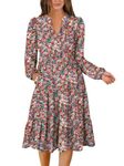 ANRABESS Womens V Neck Long Sleeve Midi Dress 2024 Fall Fashion Casual Loose Fit Flowy Swing Tiered Beach Vacation Dresses, Floral Red Pink, Medium