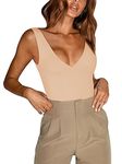 REORIA Butsmooth® Women’s Trendy Sexy Plunge Deep V Neck Sleeveless V Backless Going Out Tank Bodysuits Tops, Nude, Medium