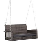 Outsunny 2-Person Patio Porch Swing Chair, Outdoor Rattan Hanging Bench with Cushion & 7.2 ft Steel Chains, Grey