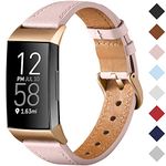 CeMiKa Strap Compatible with Fitbit Charge 4 Strap/Fitbit Charge 3 Strap, Genuine Leather Strap Replacement Wristband for Charge 3/Charge 4 Tracker, Pink/Rose Gold