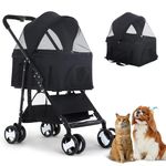 Cature Pet Stroller 3-in-1 Folding Dog Cat Stroller for Medium Small Dogs Cats 4 Wheels Lightweight Travel Dog Strollers Cat Stroller with Detachable Carrier (Color-Black)