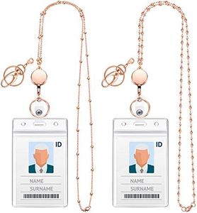 2 Sets Women Beaded Lanyard with ID Holder Retractable Badge Reel Stainless Steel Chain Necklace with 2 Water Resistant Name Badge Holder Clip (Rose Gold)