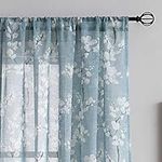 Blue-White Sheer Curtains for Living-Room 84" Long Blossom Print on Flax Linen Blend Window Curtain Panels 2 Pack Rod Pocket, 50" w