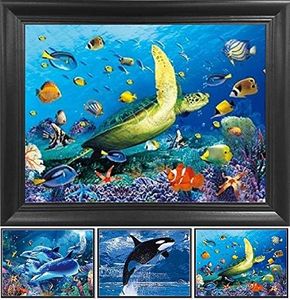 Sea World: Orca, Dolphin & Sea Turtle 3D Poster Wall Art Decor Framed Print | 14.5x18.5 | Lenticular Posters & Pictures | Memorabilia Gifts for Guys & Girls Bedroom | Animals in Underwater Ocean Scene