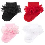 AQOKKA 4 Pack Baby Girls Socks Eyelet Ruffle Lace Baby Socks Newborn Infant Toddler Dress Socks Frilly Ruffle Socks for Girls, 4 Pairs C: White, Pink, Black, Red, 0-6 Months