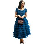 Rebika Trendz Women's Elegant Layered Tulle Gown with Sequin Top - Stylish Evening/Party Dress Blue