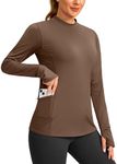 SANTINY Long Sleeve Thermal Shirts for Women Fleece Mock Neck Tops Winter Workout Running Gear with Zipper Pockets(Brown_M)