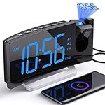 Projection Alarm Clock with FM Radio, USB Charging Port, 0-100% Dimmer, Dual Alarms, HD LED Display, 30 Preset Stations, Sleep Timer, 5 Alarm Sounds, Snooze, Curved Screen, Digital Clock for Bedroom