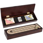 cribbage board game with magnetic lock and metal pegs, 2 playing cards and large storage, 3 track continuous board for traveling