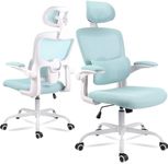 Ergonomic Office Chair Mesh Desk Chair Lumbar and Back Support Computer Task Chair with Adjustable Headrest Pillow 360 Swivel Casters and Flip-up Armrests for Home and Office (Light Blue)