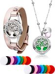 Tree Life Essential Oil Diffuser Diamond Necklace with Stainless Steel Aromatherapy Diamond Locket Leather Bracelets, 16 Pieces Washable Refill Pad in, for Girl Women