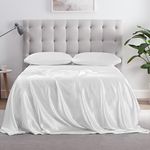 Serta SatinLuxury 3pc Soft Lightweight Deep Pocket Bedding Silky Satin Sheet Set with Pillowcases, Twin, White