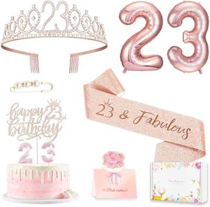 23rd Birthday Decorations for Her Girls Women, Including 23 year old Birthday Cake Topper, Birthday Queen Sash with Pearl Pin, Sweet Rhinestone Tiara Crown, Number Candles and Balloons Set, Rose Gold
