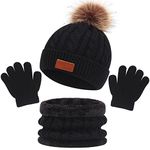 3Pcs Kids Winter Beanie Hat Scarf Gloves Set for 1-5 Years Old Boys Girls. Winter Accessories Sets for Children Outdoor Sports, Knit Thick Warm Fleece Lined Thermal Sets (Black)