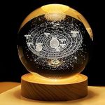 StonSell™ 3D Crystal Globe Lamp Creative Engraved Crystal Ball Night Light USB Table LED Wooden Crystal Ball for Home Office Decoration Birthday Gift Adults (Warm White) (SolarSystem)