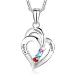 Personalized Mothers Name Necklace Sterling Silver 3 Simulated Birthstones Relationship Heart Necklace Customized Meaningful Name Necklace for Women (Silver)