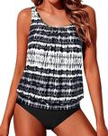 Yonique Two Piece Blouson Tankini Swimsuits for Women Modest Bathing Suits Loose Fit Swimwear, Black&white Tribal 02, X-Large