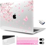 MEEgoodo for MacBook Pro Case 13 inch 2022 2021 2020 A2338 M2/M1 A2251 A2289 with Touch ID,Clear Laptop Hard Shell Cases with Keyboard Webcam Cover & Trackpad Film & Type C Adapter, Cherry Blossoms