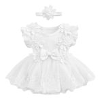 Newborn Infant Baby Girls Flower Lace Romper Dress Flutter Sleeve Princess Party Dresses Toddler Kids Summer One-Piece Cotton Bodysuit First Birthday Cake Smash Outfits Photoshoot White 0-3 Months