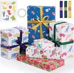 Bigqin 6 Sheets Gift Wrapping Paper Set Recycled 70 * 50cm Dinosaur Gift Decorative Paper for Birthday Children's Day Christmas Halloween etc, with Ribbons Stickers and Tape