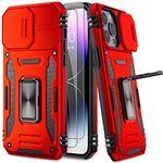 AUPAI for iPhone 14 Pro Max Case with Slide Camera Cover and Screen Protector, Heavy Duty Military Grade Protective Phone Case with Kickstand for Apple iPhone 14 Pro Max Red