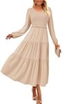 PRETTYGARDEN Womens Casual Smocked Midi Dress 2024 Fall Long Sleeve V Neck Tiered A Line Long Flowy Dress (Apricot,Small)