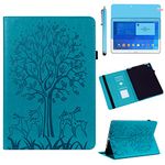 Case for Samsung Galaxy Tab 4 10.1 inch 2014 (SM-T530 T531 T535 T537), PU Leather Soft Silicone Back Cover Card Holder Stand Case, with Stylus Pen,Screen Film (Tree Blue)