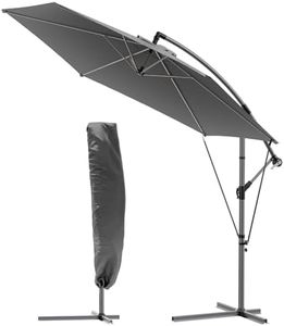 VOUNOT 3m Cantilever Garden Parasol, Banana Patio Umbrella with Crank Handle, Wind Protection Strap and Tilt for Outdoor Sun Shade, Grey