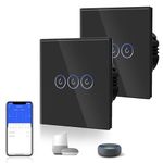 BSEED Smart Light Switch 2 Pack Smart Alexa 3 Gang 2 Way WiFi Switchable Switches, Glass Panel Wall Light Switch Black, Goggle/Voice Control, Sharing Devices (Neutral Wire Required)