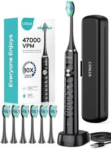 COSLUS Electric Toothbrush for Adults and Kids: Wireless Rechargeable Tooth Brush with Portable Travel Case, 5 Modes 47000 VPM Power Toothbrushes 6 Brush Heads 1 Charge for 70 Days Black