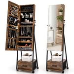 COSTWAY Mobile Jewelry Cabinet, Floor Standing Lockable Jewelry Armoire with Full Length Mirror, Drawer and Wheels, Makeup Jewellery Storage Organiser Unit for Bedroom Dressing Room (Rustic Brown)