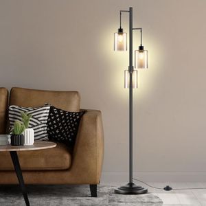 Modern LED Floor Lamp 3 Lights Black Standing Corner Reading Light Living Sitting Room Decor 165cm with Glass Lampshades