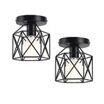 Retro Industrial Semi-Flush Mount Ceiling Light, Vintage Black Ceiling Light E26, Mini Metal Cage Ceiling Pendant Lighting Lamp Fixture for Hallway, Stairway, Kitchen, Garage. (2 Pack)